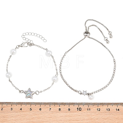 Brass Pave Clear AB Cubic Zirconia Bowknot Star Link Bracelet Sets for Women KK-CBA6599-03P-1