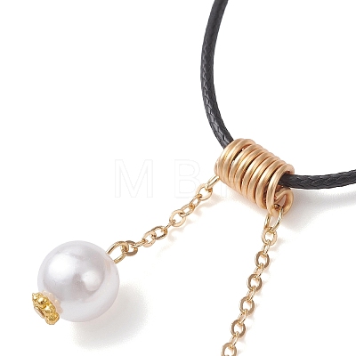 ABS Plastic Imitation Pearl Round Tassel Pendant Black Waxed Polyester Cord Necklaces for Women NJEW-JN05610-02-1