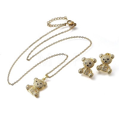 Bear Brass Micro Pave Cubic Zirconia Stud Earrings & Pendant Necklaces Sets SJEW-Z002-01G-1