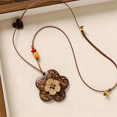 Natural Coconut Pendant Adjustable Leather Cord Long Necklaces with Wood Beads WGC33B1-02-1