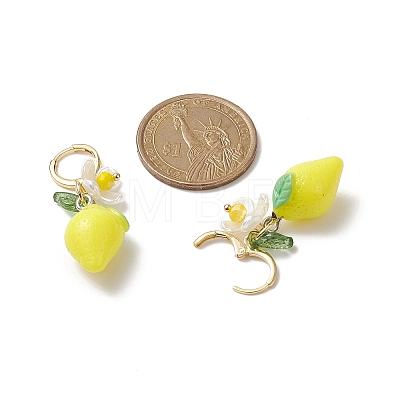 Lemon Resin with Leaf & Imitation Pearl Flower Dangle Leverback Earrings EJEW-TA00192-1