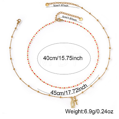 Red Glass Beaded Chain Double Layer Necklaces with Stainless Steel Religion Virgin Cross Pendant QR8888-1-1