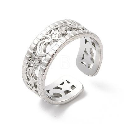304 Stainless Steel Moon & Star Open Cuff Ring for Women RJEW-K245-46P-1