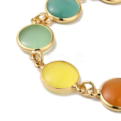 Colorful Flat Round Cat Eye & Brass Link Chain Bracelets for Women NJEW-K269-08KCG-1