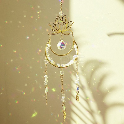 Wire Wrapped Natural Quartz Crystal Chips & Metal Moon/Lotus Pendant Decorations PW-WG90892-01-1