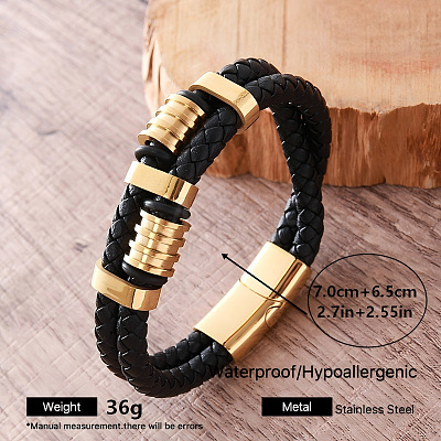 Vintage 304 Stainless Steel Braided PU Leather 2-Strand Bracelets with Magnetic Clasps for Men AW4571-5-1