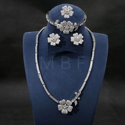 Flower Brass Micro Pave Cubic Zirconia Pendant Necklaces & Stud Earrings & Rings & Bracelets Sets WG9A1B1-01-1