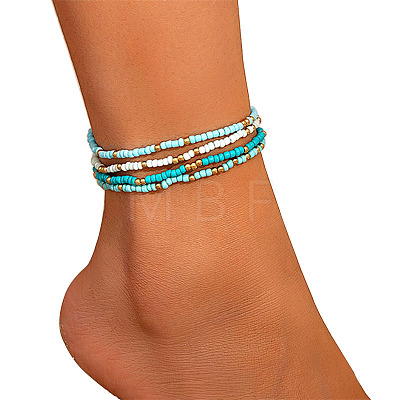 4Pcs Bohemian Style Glass Seed Rondelle Beaded Stretch Anklets for Women WG3334E-02-1