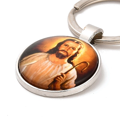 I Love Jesus Symbol Glass Pendant Keychain with Alloy Jesus Fish Charm KEYC-G058-01F-1