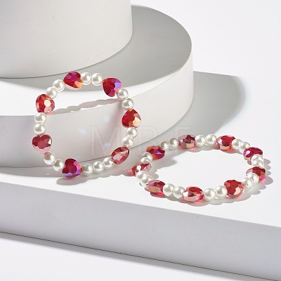 Sparkling Heart Glass Beads Stretch Bracelets Set for Children and Parent BJEW-JB07185-1