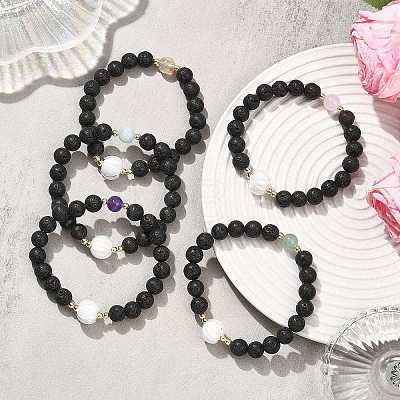 Natural Lava Rock & Lampwork & Mixed Gemstone Round Beads Stretch Bracelets for Women BJEW-JB12788-1