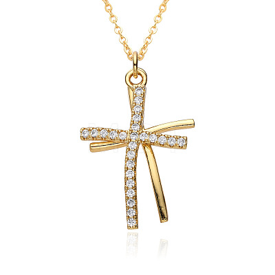 Brass Micro Pave Clear Cubic Zirconia Double Cross Pendant Necklaces FS-WG8523C-02-1
