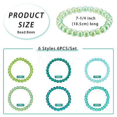 6Pcs 6 Styles 8mm Glass Round Beaded Stretch Bracelet Sets BJEW-TAC0025-1