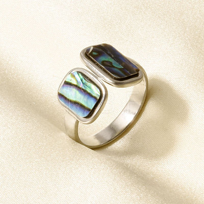 304 Stainless Steel with Natural Shell Cuff Open Rings for Women US1976-2-1