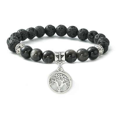 Natural Lava Rock & Silver Obsidian Beaded Stretch Bracelet with Alloy Charms BJEW-JB09453-1