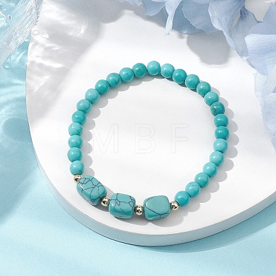 Synthetic Turquoise Cube & Round Beaded Stretch Bracelets BJEW-JB10807-07-1