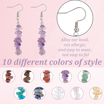 ANATTASOUL 10 Pairs 10 Style Natural & Synthetic Mixed Gemstone Chips Beaded Dangle Earrings for Women EJEW-AN0002-08-1