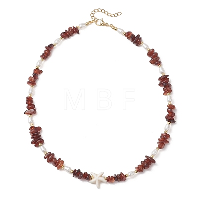 Natural Garnet Chip and Teardrop ABS Imitation Pearl & White Starfish Synthetic Turquoise Beaded Necklaces for Women NJEW-JN05765-1