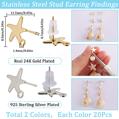 SUNNYCLUE 40Pcs 2 Colors Starfish Shape 201 Stainless Steel Stud Earring Findings STAS-SC0007-94-1