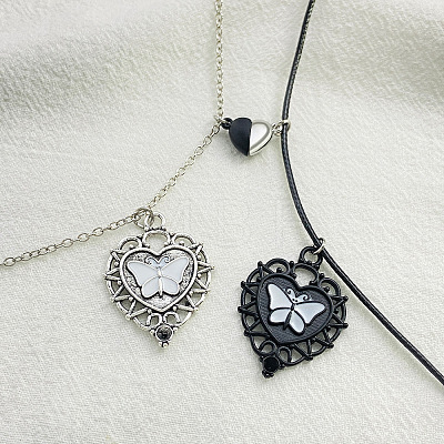 2Pcs 2 Style Heart with Butterfly Alloy Enamel Pendant Necklaces Set PW-WG25073-01-1