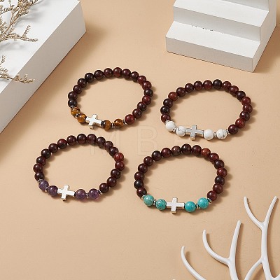4Pcs 4 Style Natural & Synthetic Mixed Gemstone & Wood Stretch Bracelets Set with Alloy Cross Beaded for Women BJEW-TA00226-1