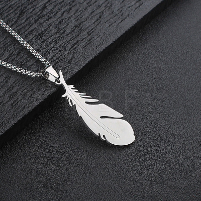304 Stainless Steel Feather Pendant Box Chain Necklaces for Men WGE9FDE-01-1