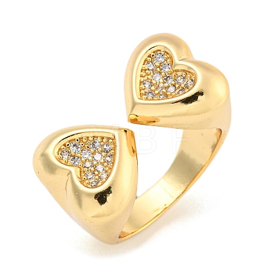 Brass Micro Pave Clear Cubic Zirconia Heart Open Cuff Rings for Women RJEW-L121-043G-1