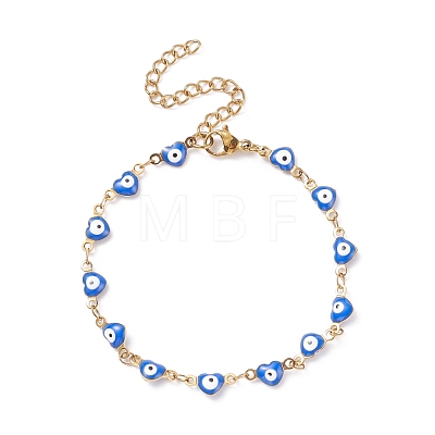 Enamel Heart with Evil Eye Link Chains Bracelet BJEW-P271-07G-04-1