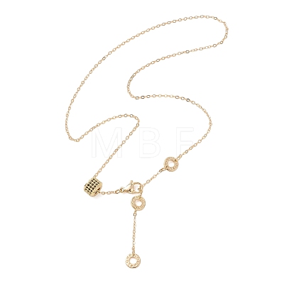 Brass Micro Pave Black Cubic Zirconia Column Bead and Love Disc Pendant Cable Chain Necklaces NJEW-JN05767-1