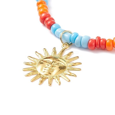 Brass Sun Pendant Necklace with Glass Seed Beaded for Women NJEW-JN03929-1