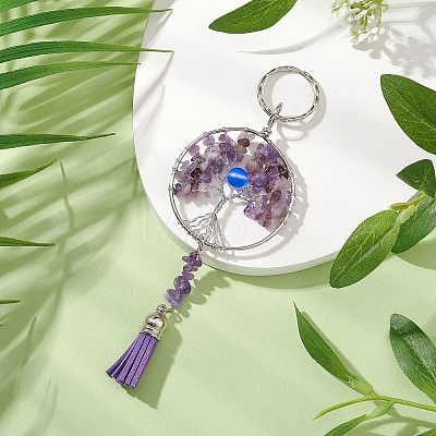 Tree of Life Alloy Natural Amethyst & Synthetic Moonstone Keychain KEYC-JKC00987-03-1