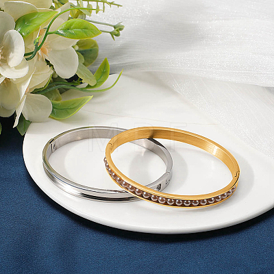2Pcs 2 Colors 6MM Egg Shaped 201 Stainless Steel Grooved Hinged Bangles STAS-SC0021-30-1