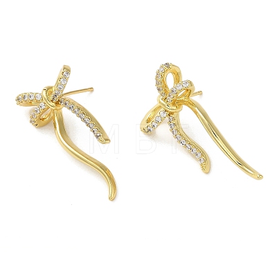 Bowknot Rack Plating Brass Micro Pave Cubic Zirconia Stud Earrings for Women EJEW-O001-02G-1