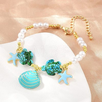 Ocean Brass Enamel Starfish Shell Shape Charm Bracelets for Women KK-CBA68DA-16G-01-1