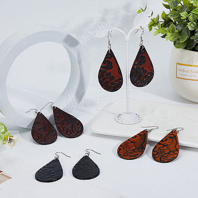 FIBLOOM 4 Pairs 4 Colors PU Leather Dangle Earrings with Steel Iron Pins EJEW-FI0003-09-1