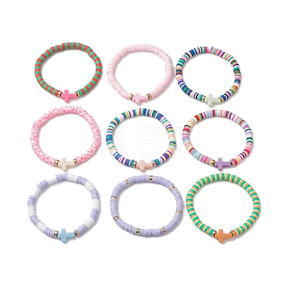 9Pcs Polymer Clay & Acrylic Cross Beaded Stretch Bracelets Sets for Women BJEW-JB101001-1