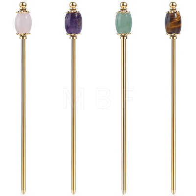 4Pcs Natural Tiger Eye & Natural Green Aventurine & Natural Amethyst & Natural Rose Quartz & Brass Hair Sticks OHAR-ME00002-1