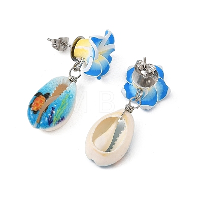 Handmade Polymer Clay 3D Flower Plumeria & Flower Word Printed Cowrie Shell Dangle Stud Earrings for Women EJEW-JE07483-1