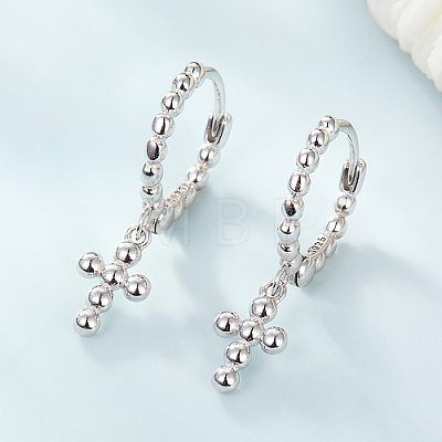 Anti-Tarnish Rhodium Plated 925 Sterling Silver Cross Dangle Hoop Earrings HE1465-2-1