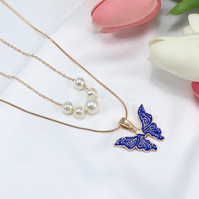 Alloy Enamel & Round Imitation Pearl Double Layered Butterfly Pendant Necklaces for Women WG304A4-05-1