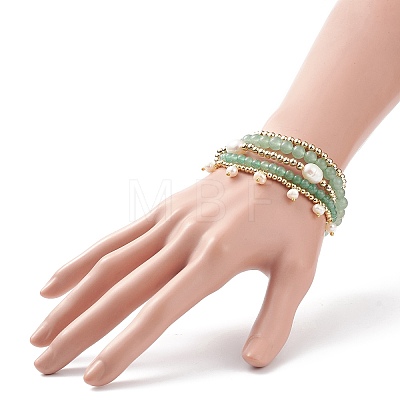 5Pcs 5 Style Natural Green Aventurine & Brass Beaded Stretch Bracelets Set BJEW-JB08870-03-1