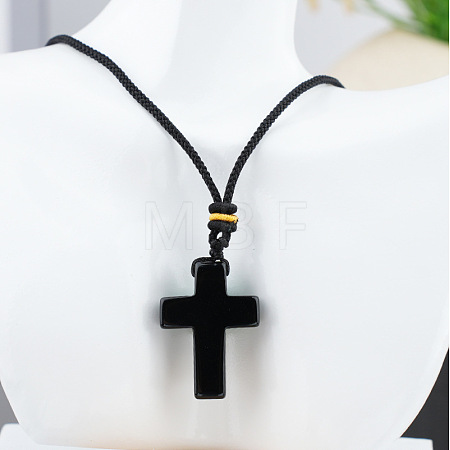 Natural Obsidian Cross Pendant Black Cotton Cord Necklaces FS-WG3ED65-06-1