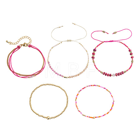 5Pcs Adjustable Nylon Round Gemstone Bead Braided Bracelet Sets NO9066-2-1