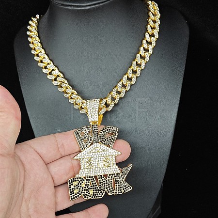 Hiphop Style Zinc Alloy Full Crystal and Jet Rhinestone Big Bank House Pendant Cuban Link Chain Necklaces for Men WG5AEC3-01-1
