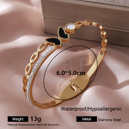 304 Stainless Steel Black Enamel Hinged Cuff Bangles with Crystal Rhinestone and Natural White Shell for Women YK2931-1-1