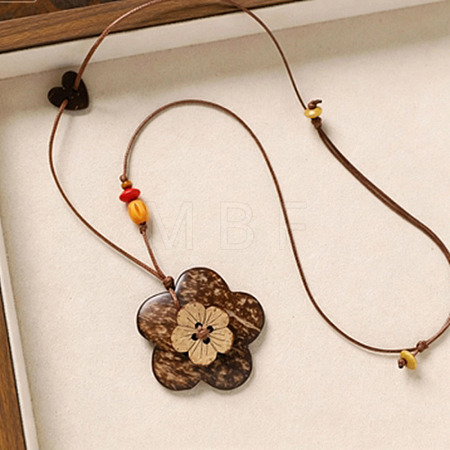 Natural Coconut Pendant Adjustable Leather Cord Long Necklaces with Wood Beads WGC33B1-02-1