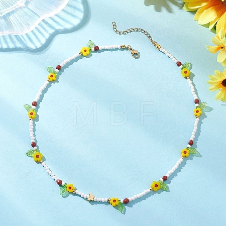 Faceted Round Natural Red Jasper & Flower Handmade Millefiori Glass & Glass Seed Beaded Necklaces for Women NJEW-MZ00150-01-1