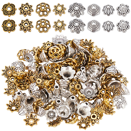 240Pcs 8 Styles Tibetan Style Alloy Flower Bead Caps FIND-SP0001-63-1