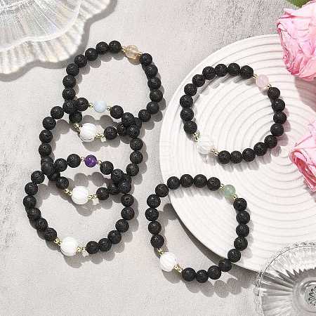 Natural Lava Rock & Lampwork & Mixed Gemstone Round Beads Stretch Bracelets for Women BJEW-JB12788-1