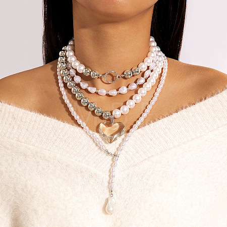 Glass Heart Pendant Alloy & Plastic Pearl & CCB Plastic Beaded Multi-Layered Necklaces for Women FS-WG4655B-30-1